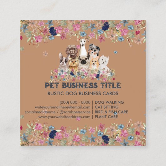 Dogs Flowers Rustic Pet Service Floral Vierkante Visitekaartje (Achterkant)