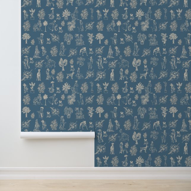 Dogs Lady Toile de Jouy Dark Turquoise Behang (Applicatie)