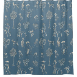 Dogs Lady Toile de Jouy Dark Turquoise Douchegordijn