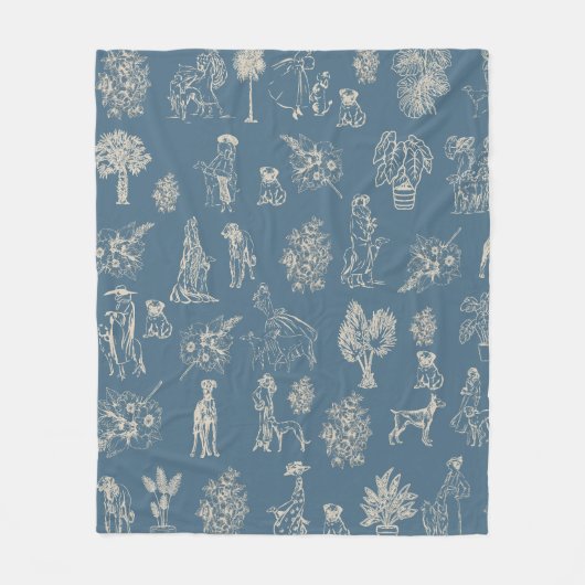Dogs Lady Toile de Jouy Dark Turquoise Fleece Deken (Voorkant)