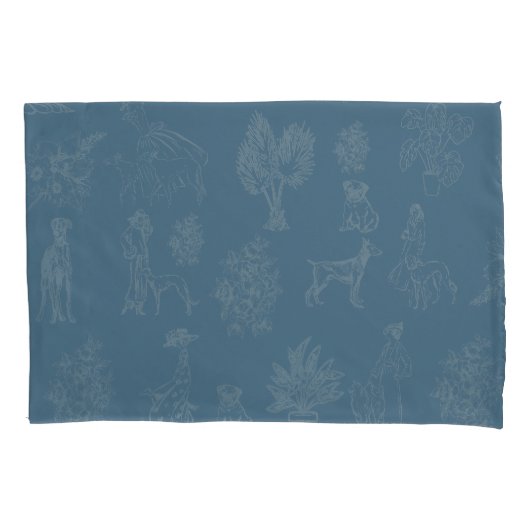 Dogs Lady Toile de Jouy Dark Turquoise Kussensloop (Voorkant)