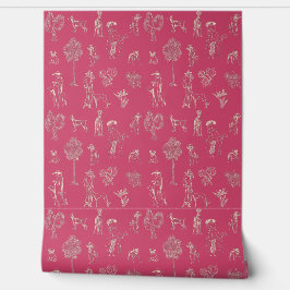Dogs Lady Toile de Jouy Donker Roze Kleur Behang
