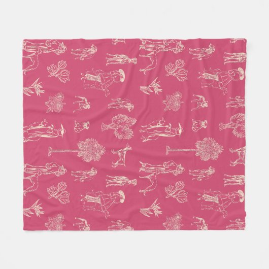 Dogs Lady Toile de Jouy Donker Roze Kleur Fleece Deken (Voorkant (Horizontaal))