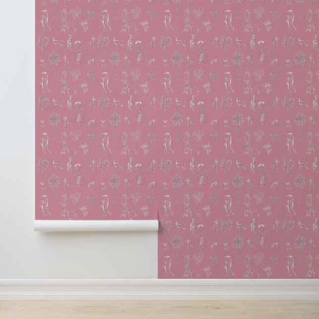 Dogs Lady Toile de Jouy Roze Kleur Behang (Applicatie)