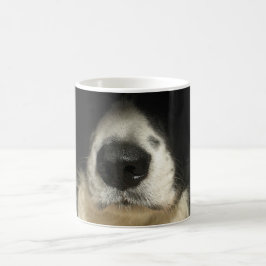 Dog's neus dicht bij koffiemok