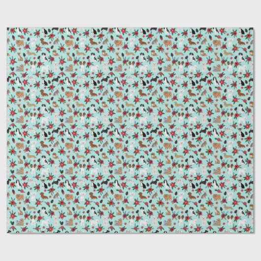 Dogs Poinsettias kerstbekisting Cadeaupapier (Vlak)