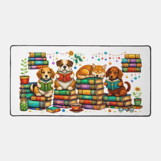 Dogs Reading Books Cozy Library Scene Bureaumat (Voorkant)
