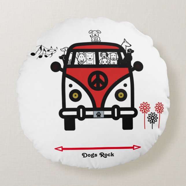 Dogs Rock Hippie Bus Round Pillow Rond Kussen (Voorkant)