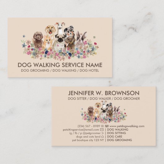 Dogs sitting flowers petshop online store visitekaartje (Voorkant / Achterkant)