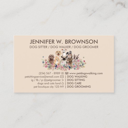 Dogs sitting flowers petshop online store visitekaartje (Achterkant)