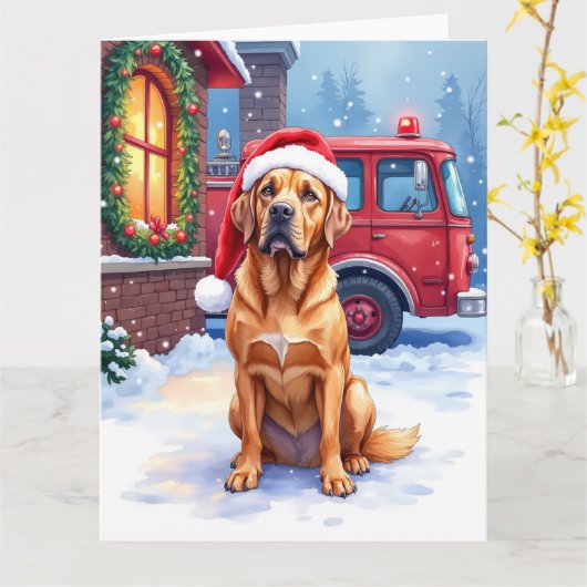 Dogue de Bordeaux Brandweerkazerne Kerstman Hoed Kaart (Gele Bloem)