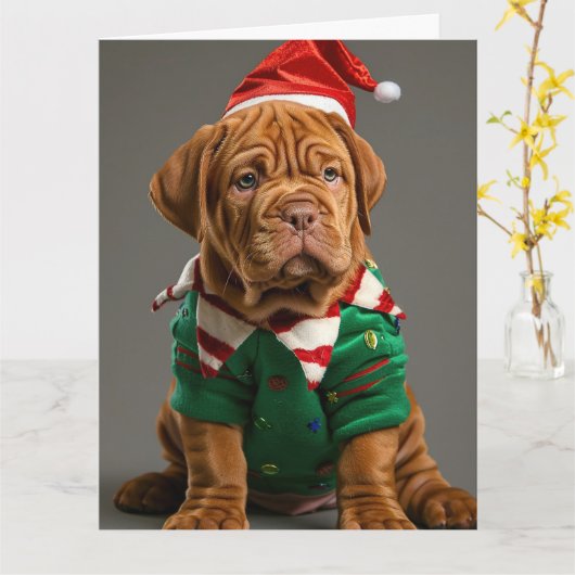 Dogue de Bordeaux Elf Puppy Kerst Kaart (Gele Bloem)