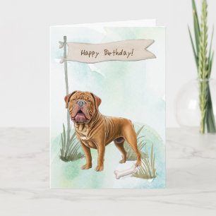 Dogue de Bordeaux hond buiten onder verjaardagsbor Kaart