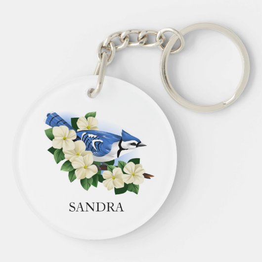 Dogwood Flower and Blue Jay Bird Sleutelhanger (Achterkant)