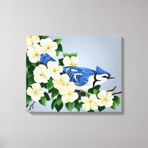 Dogwood met Blue Jay Bird Canvas Afdruk