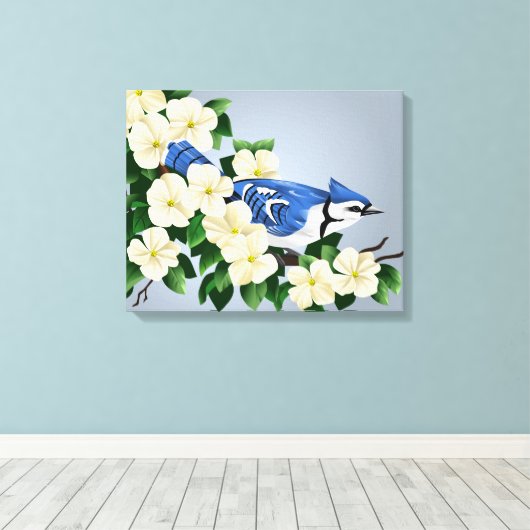 Dogwood met Blue Jay Bird Canvas Afdruk (Insitu (Houten vloer))