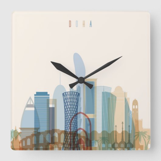 Doha, Qatar | City Skyline Vierkante Klok (Voorkant)