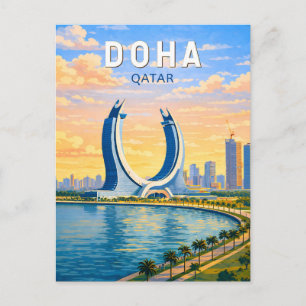 Doha Qatar Illustratie Reis Kunst Vintage Briefkaart