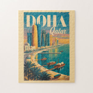 Doha Qatar Silhouette Illustratie Reis Kunst Vinta Legpuzzel