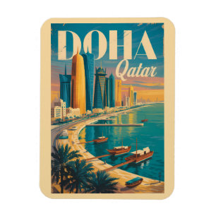 Doha Qatar Silhouette Illustratie Reis Kunst Vinta Magneet