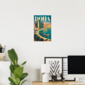 Doha Qatar Silhouette Illustratie Reis Kunst Vinta Poster (Thuiskantoor)