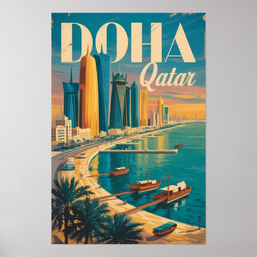 Doha Qatar Silhouette Illustratie Reis Kunst Vinta Poster (Voorkant)