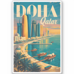 Doha Qatar Silhouette Illustratie Reis Kunst Vinta Sticker