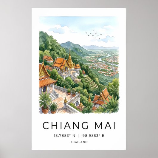 Doi Suthep-tempelprint Chiang Mai Aquarel Kunst Poster (Voorkant)