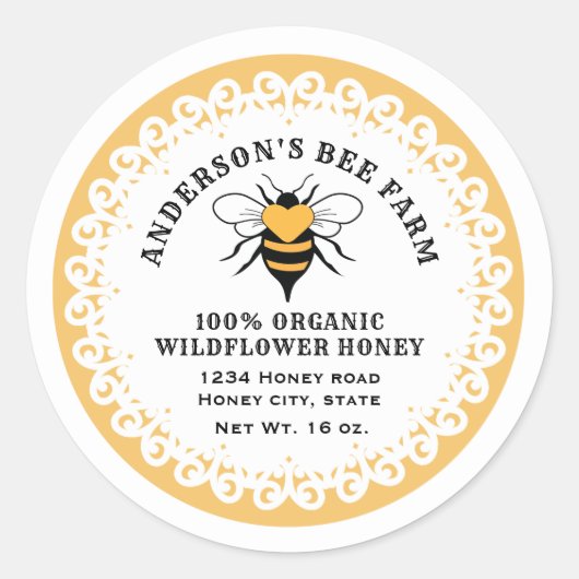 Doily lace bee logo honey jar ronde sticker (Voorkant)