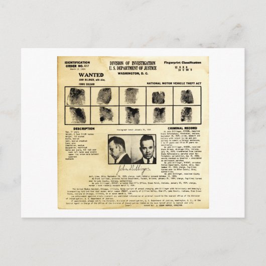 DOJ Identificatiebevel 1217 John Dillinger Briefkaart (Voorkant)