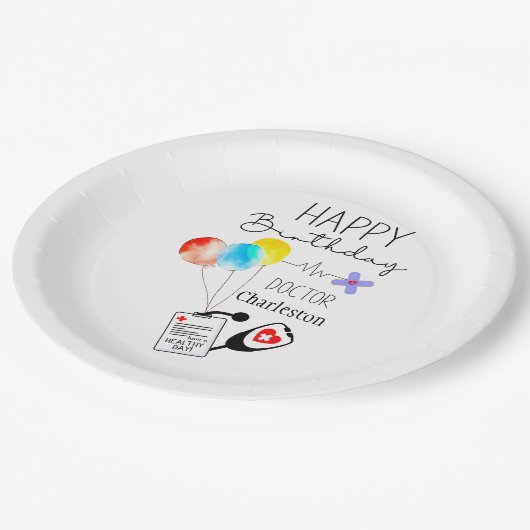 Dokter Gelukkige Verjaardagsballonnen Vlakke Verja Papieren Bordje (Gekanteld)