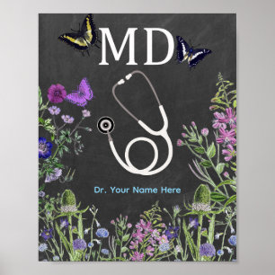 Dokter MD Stethoscoop Bloemmotief Persoonlijk Poster