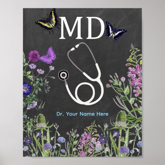 Dokter MD Stethoscoop Bloemmotief Persoonlijk Poster (Voorkant)