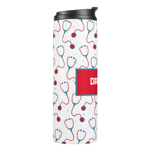 Doktersnaam aangepaste stethoscoop medisch cadeau thermosbeker (Gedraaid links)