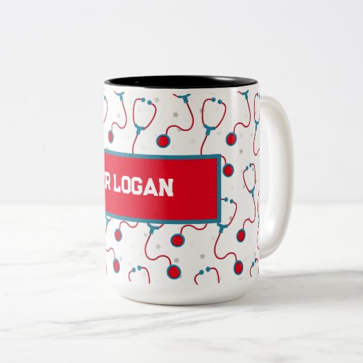 Doktersnaam aangepaste stethoscoop medisch cadeau tweekleurige koffiemok (Voorkant rechts)
