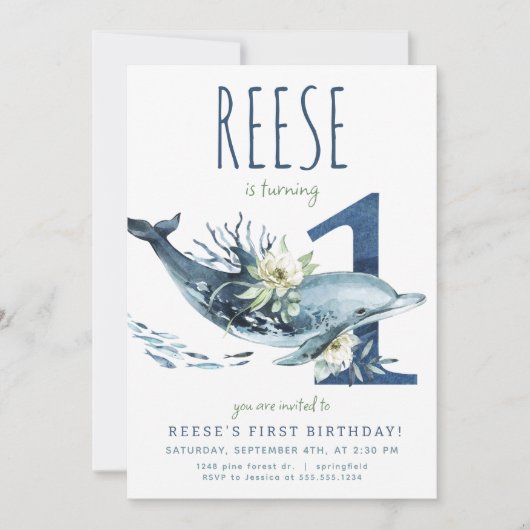 Dolfijn 1e Verjaardag uitnodiging (Voorkant)