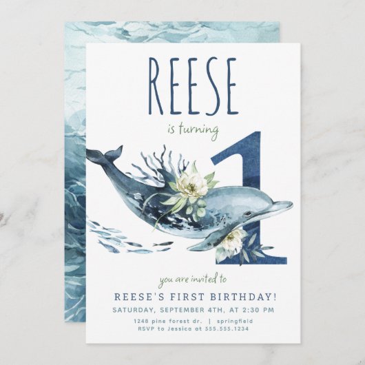 Dolfijn 1e Verjaardag uitnodiging (Voorkant / Achterkant)