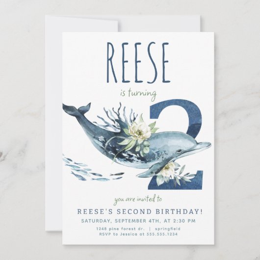 Dolfijn 2e verjaardag uitnodiging (Voorkant)