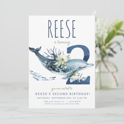 Dolfijn 2e verjaardag uitnodiging (Staand voorkant)