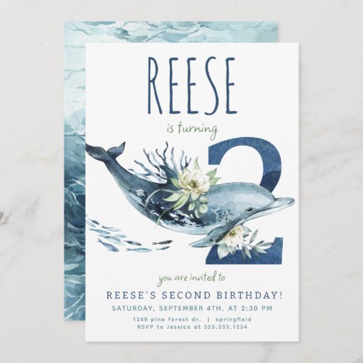 Dolfijn 2e verjaardag uitnodiging (Voorkant / Achterkant)