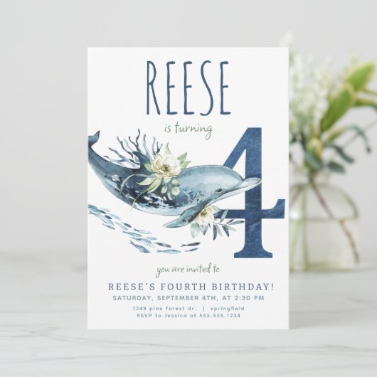 Dolfijn 4e verjaardag uitnodiging (Staand voorkant)