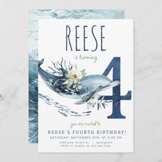 Dolfijn 4e verjaardag uitnodiging (Voorkant / Achterkant)