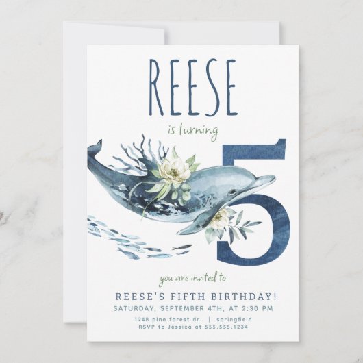 Dolfijn 5e verjaardag uitnodiging (Voorkant)