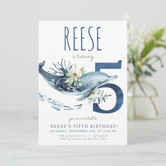 Dolfijn 5e verjaardag uitnodiging (Staand voorkant)