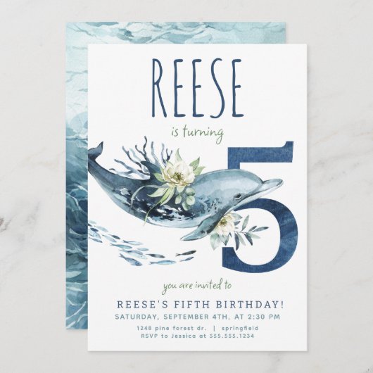 Dolfijn 5e verjaardag uitnodiging (Voorkant / Achterkant)