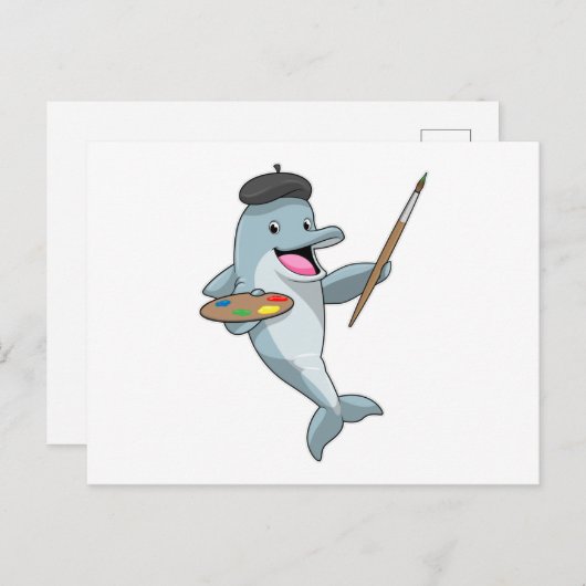 Dolfijn als schilder met verfkwast en kleur briefkaart (Voorkant / Achterkant)