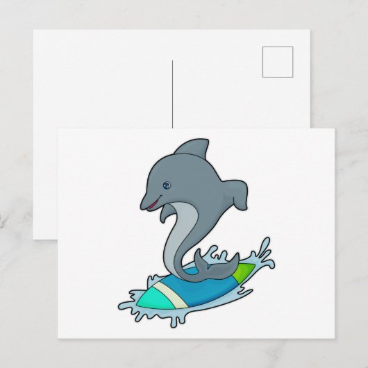 Dolfijn als surfer met surfplank briefkaart (Voorkant / Achterkant)