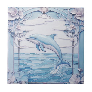Dolfijn Art Nouveau Faux Relief Lichtblauw Links Tegeltje