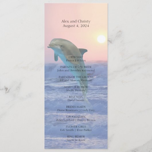 Dolfijn bij zonsopgang strand bruiloft programma programmakaart (Achterkant)