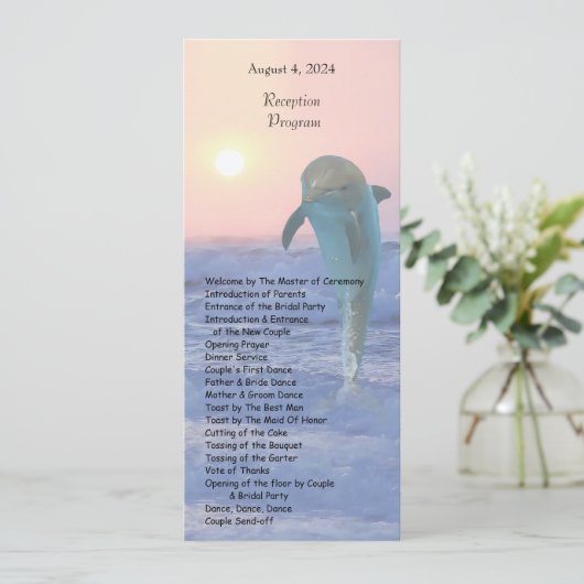Dolfijn bij zonsopgang strand bruiloft programma programmakaart (Staand voorkant)